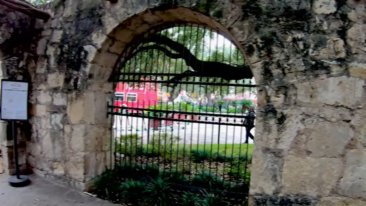 Stone Walls line The Alamo grounds where visitors can learn of the deeds of Davy Crockett and William Travis during the 13 days of the siege and battle for Independence 4K30fps