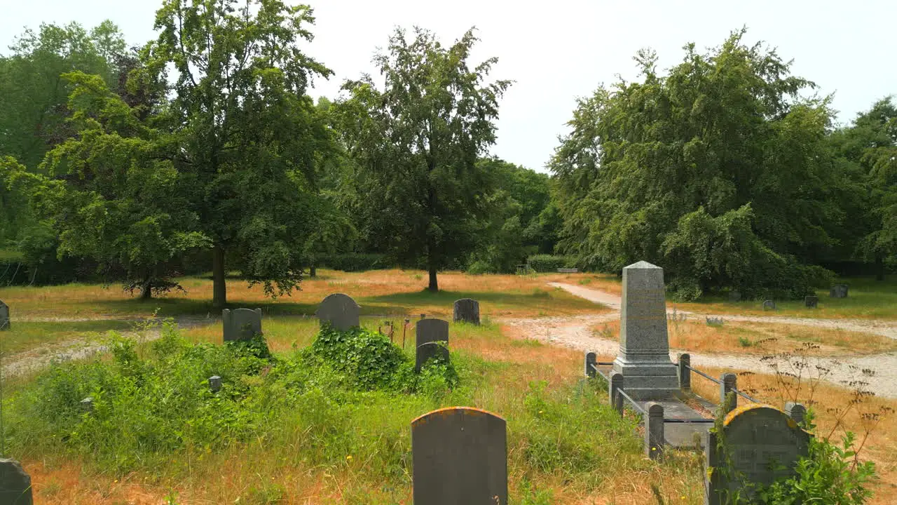 Dolly backwards drone shot of abandoned graveyard in the Netherlands