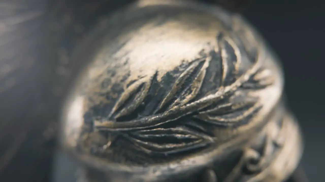 A dynamic close up macro slow tilt down shot of a spartan face design warrior ancient greek bronze helmet on a 360 rotating stand studio lighting depth of field 4K smooth movement