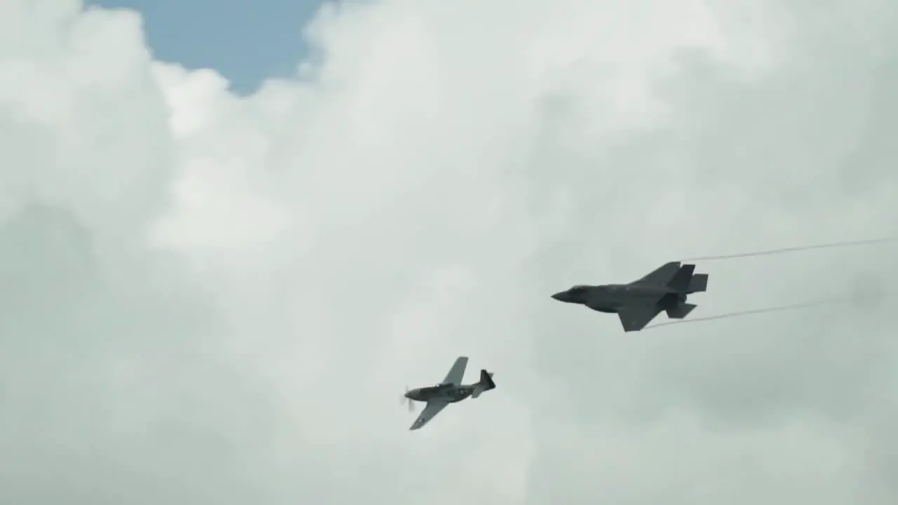 Heritage Flight featuring F-35 Lightning and P-51 Mustang flying in close range