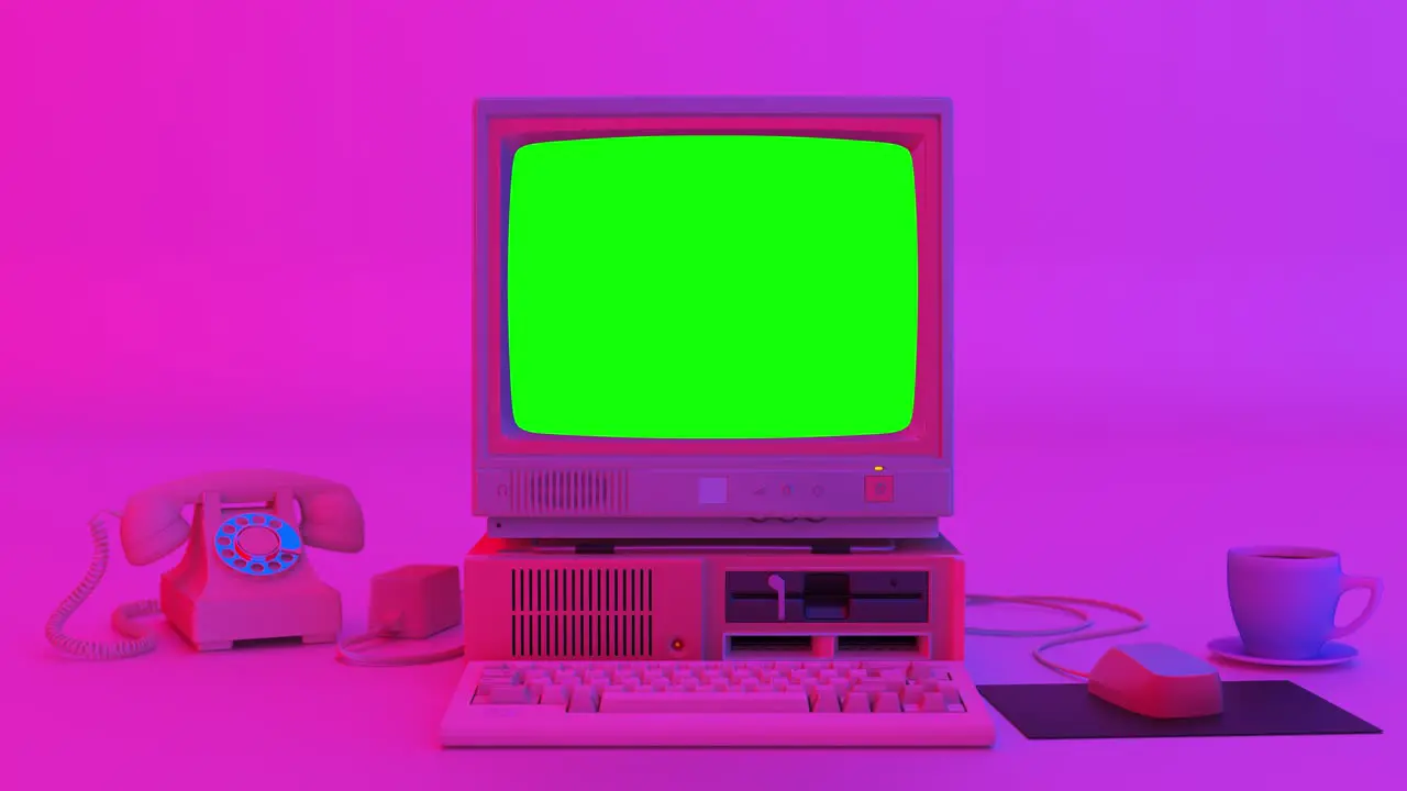 Old Computer Turn ON And OFF Vintage PC With Modern Background 4k