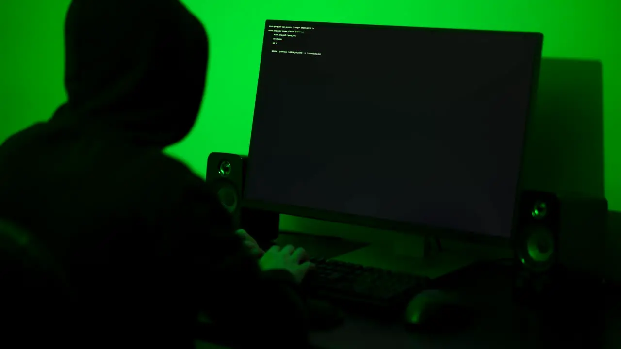 Hacker typing fast on a computer keyboard in