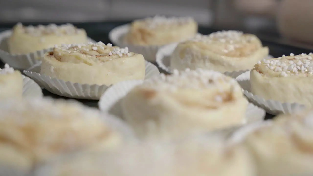 Static close up of cinnamon buns with focus pulling