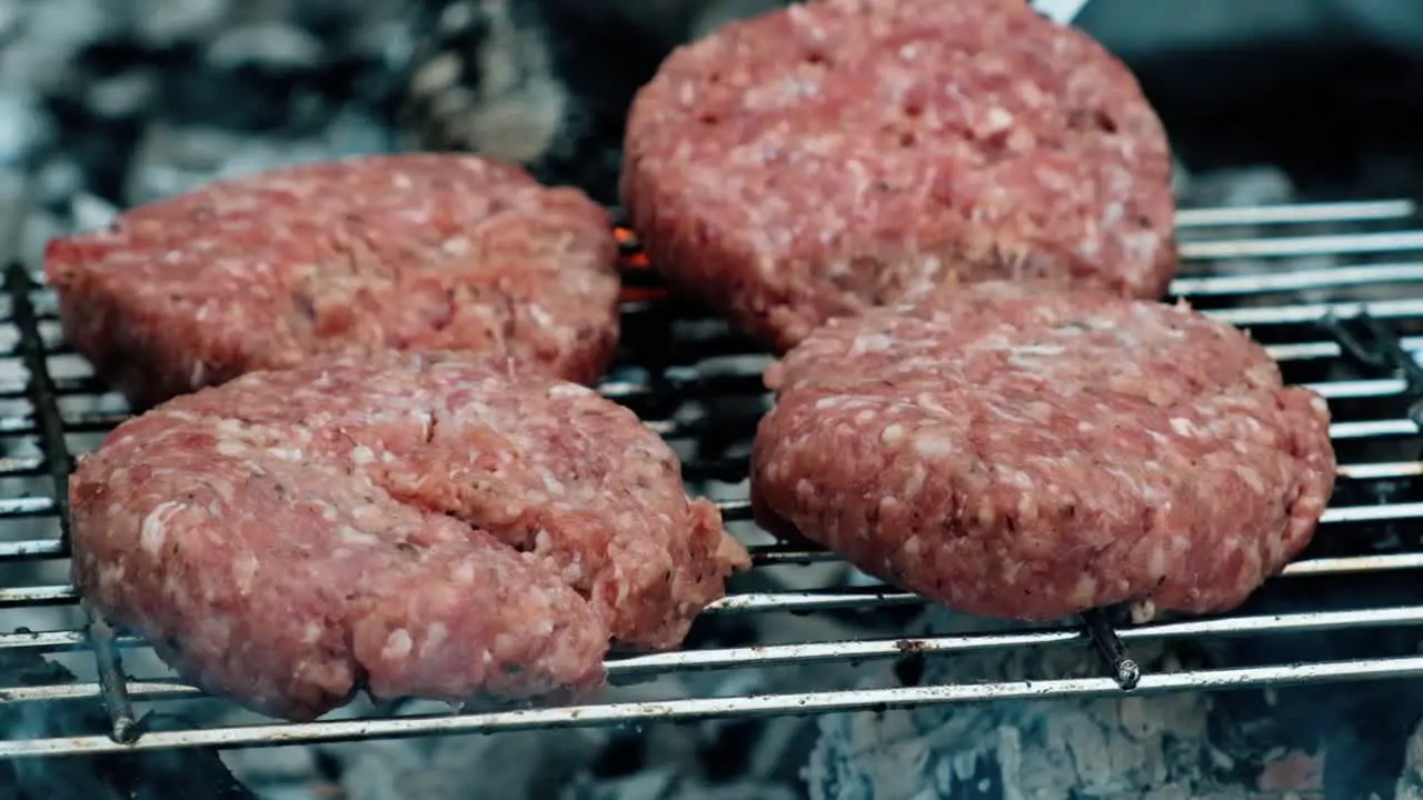 Meatballs being grilled and added on grill rack over campfire in the wild