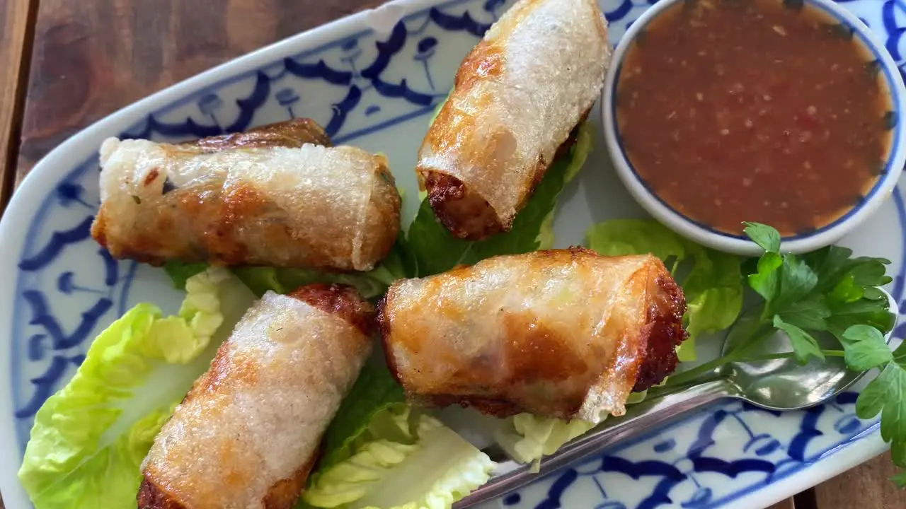 Top down view of crispy vietnamese spring rolls