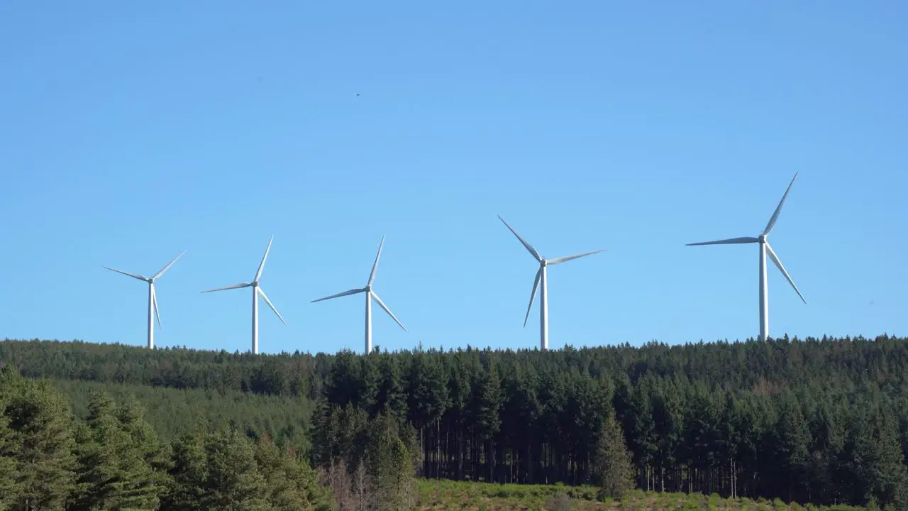 Scenic view of wind turbines farm generating green energy over a forest in day time over the blue sky