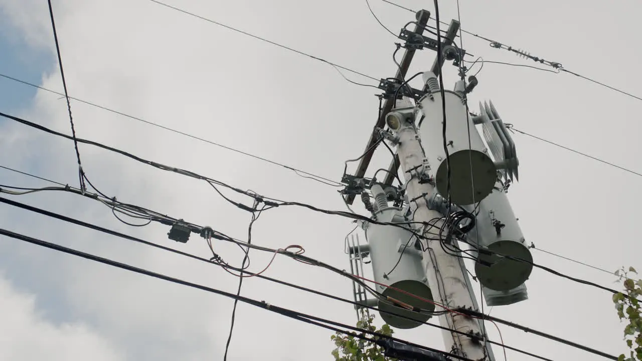 A power line pole with transformers on it Typical of the United States