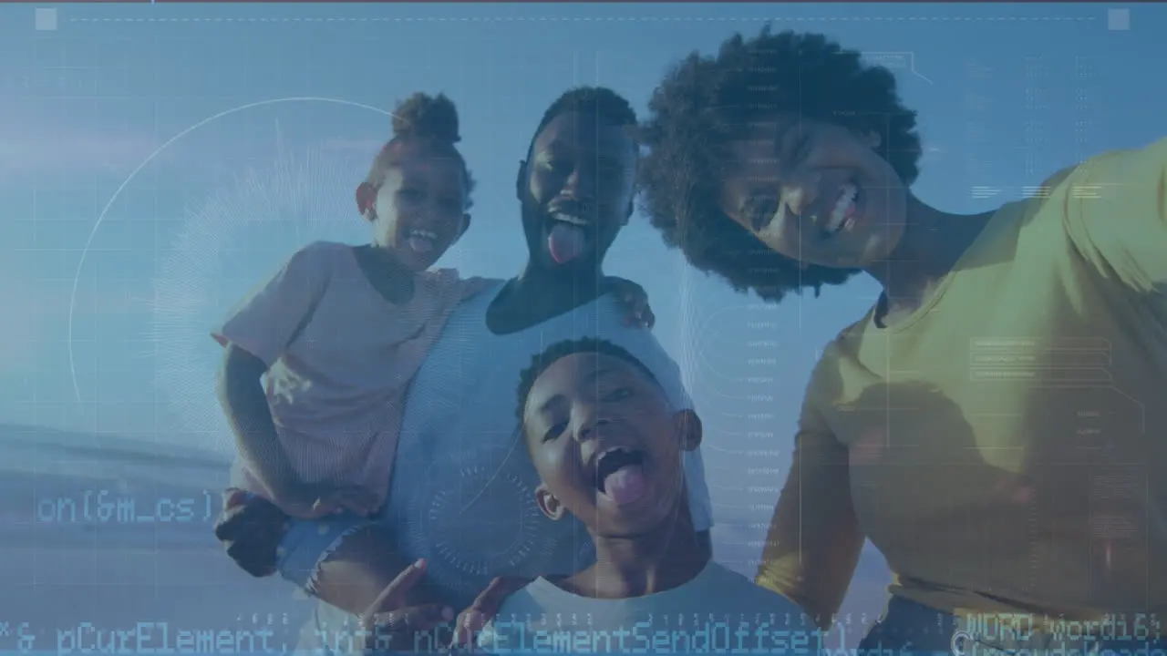 Animation of connections over happy african american family taking funny selfie