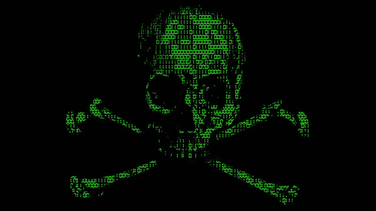 Alarming animated cyber hacking skull and cross bones symbol with animated binary code texture in green color scheme on a black background