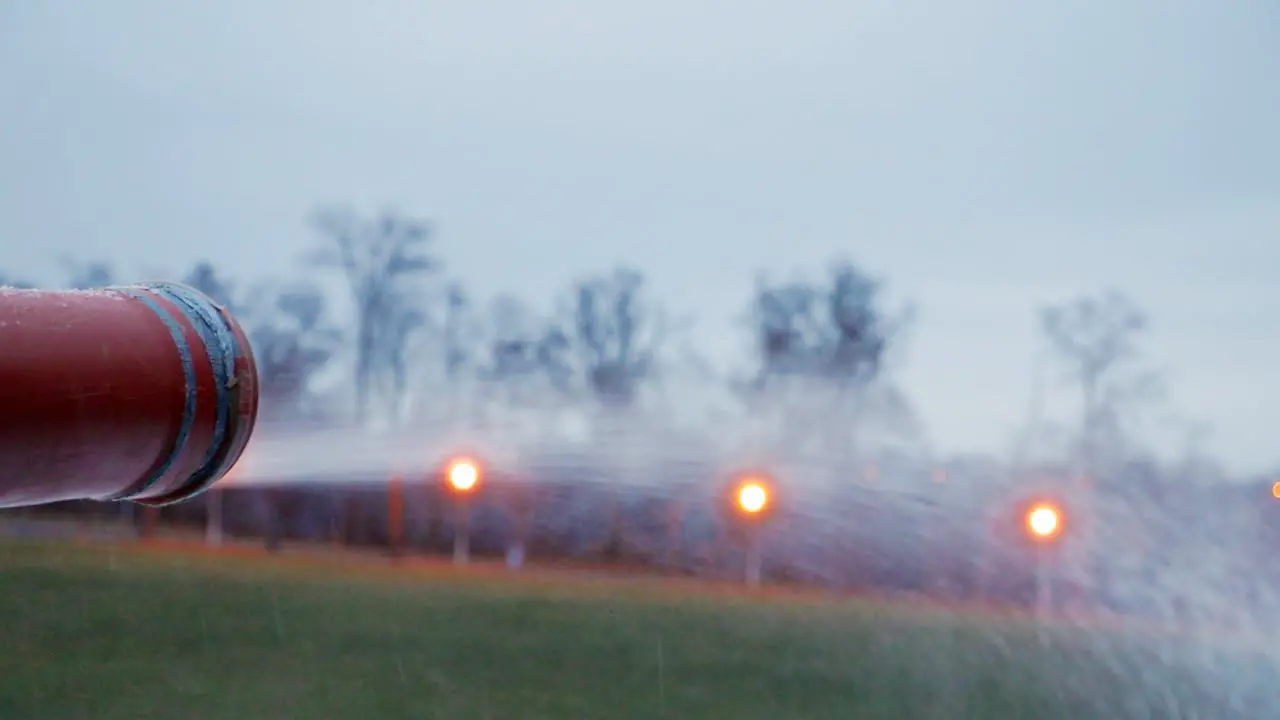 Snow cannon makes artificial snow at night