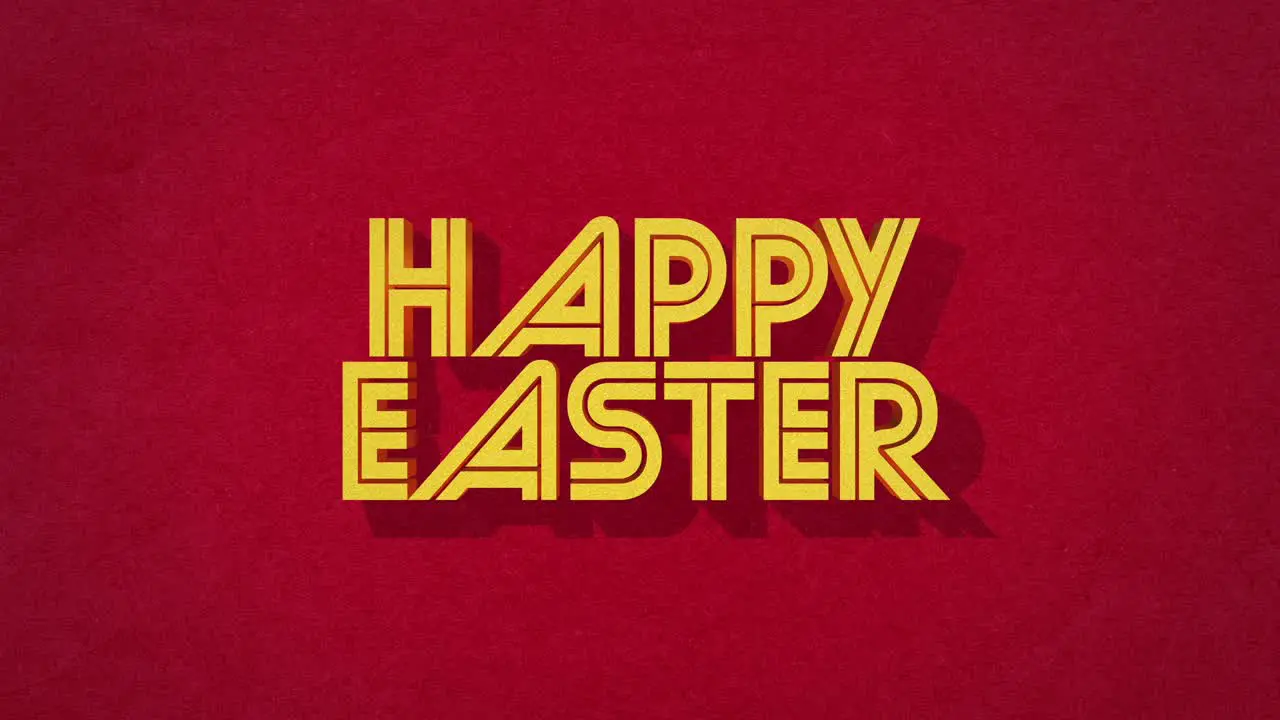 Cheerful easter greeting in bold diagonal letters against red background