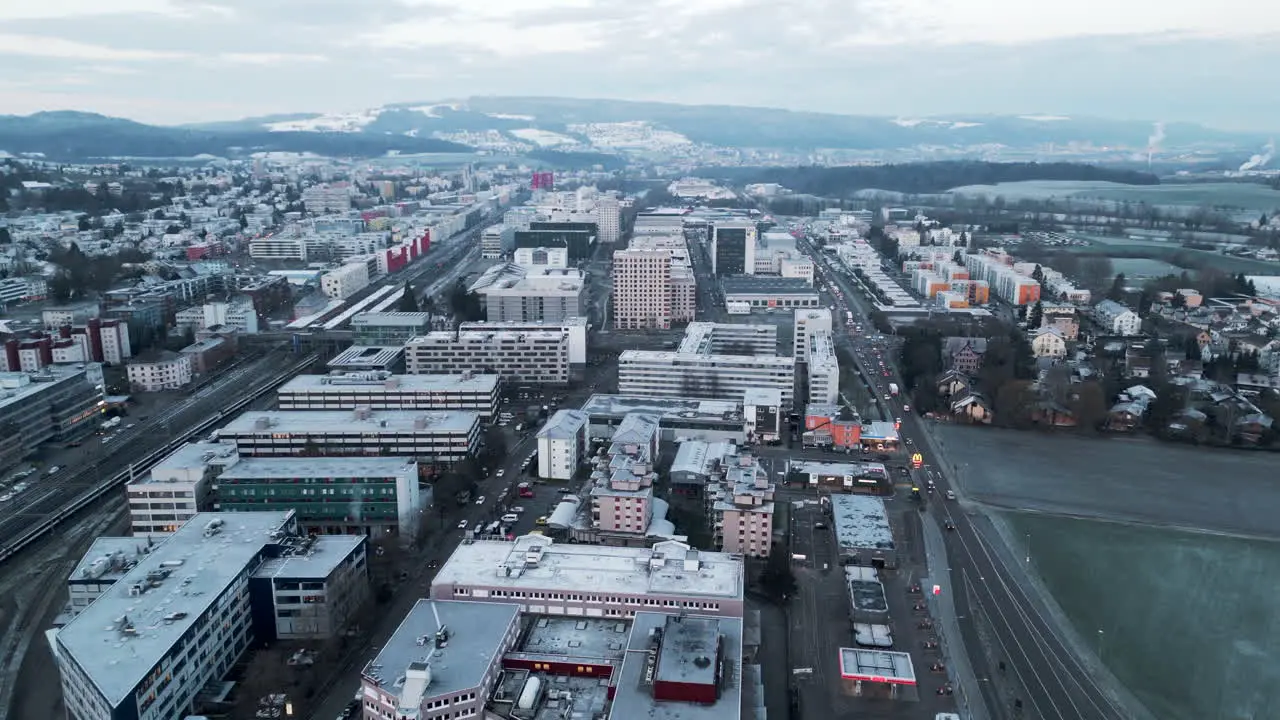 early morning flight over busy industrial area