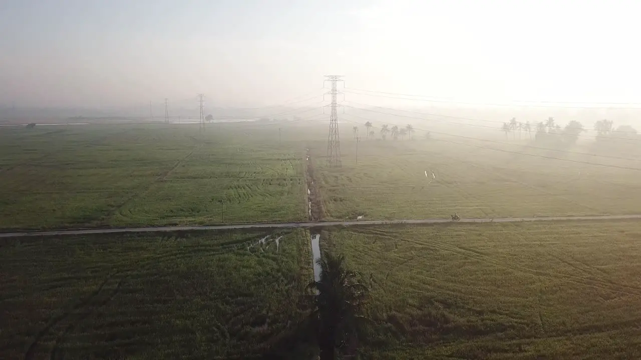 Aerial fly towards motorcyclist on the small road at paddy field