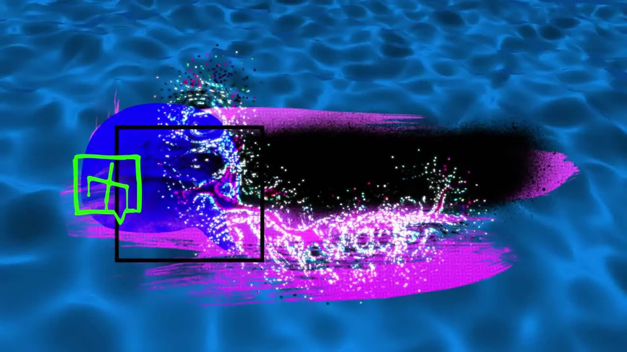 Animation of purple and black shapes with bubble speeches over blue liquid background