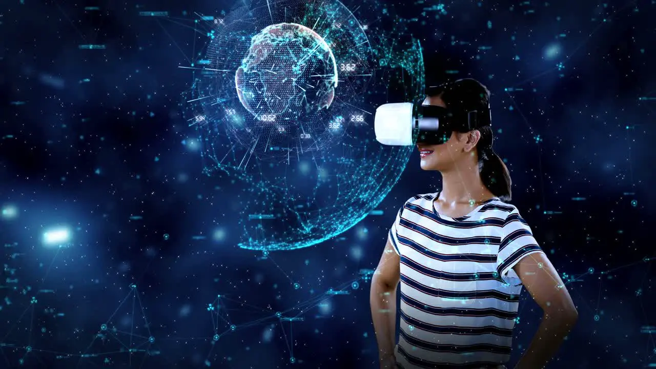 Digitally generated video of woman using virtual reality headset 4k