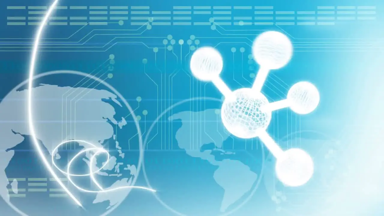 Animation of molecule over globe and computer circuit board on blue background