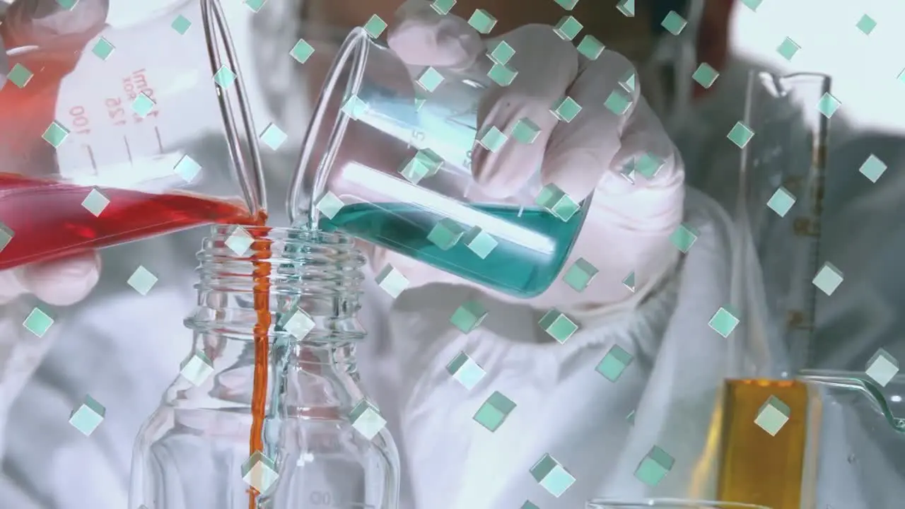 Animation of rows of green cubes over scientist pouring liquid into laboratory beaker