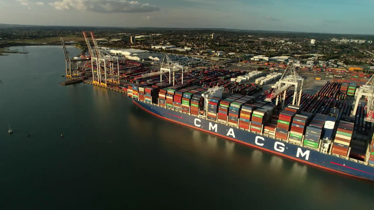 Aerial view over DP World deep sea cargo port in Southampton UK