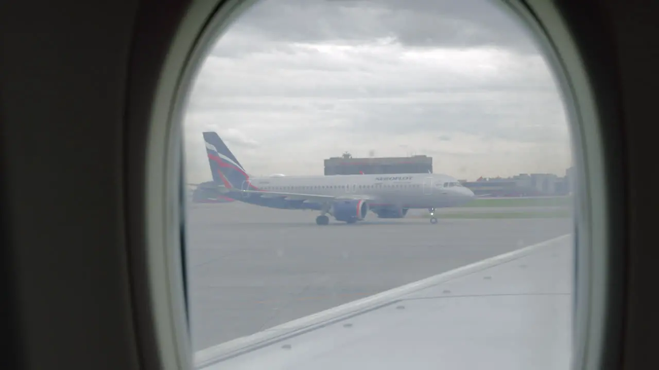 Aeroflot aircraft is viewed through the plane window