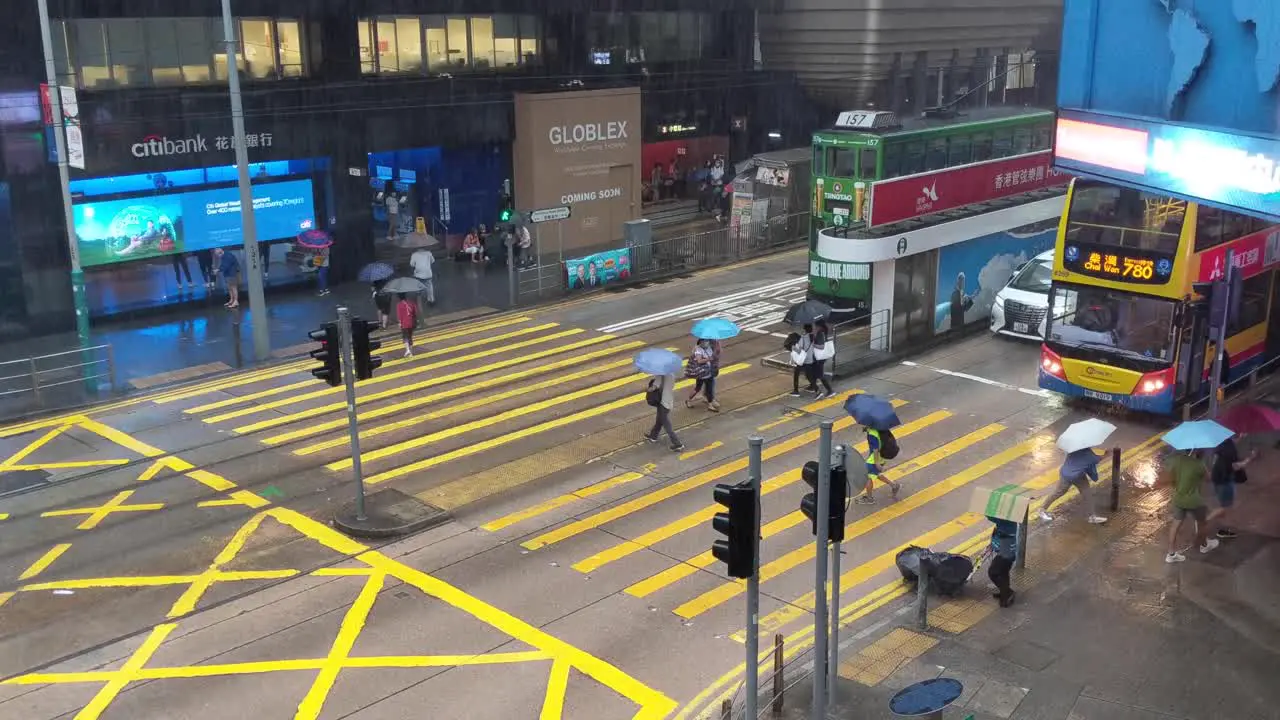 People holding umbrella crossing road in Central Hong Kong during rain storm