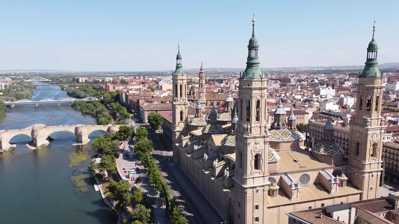 Zaragoza Aragon Spain Aerial Drone View of Cathedral Basilica of Our Lady of the Pillar Bridges and Ebro River