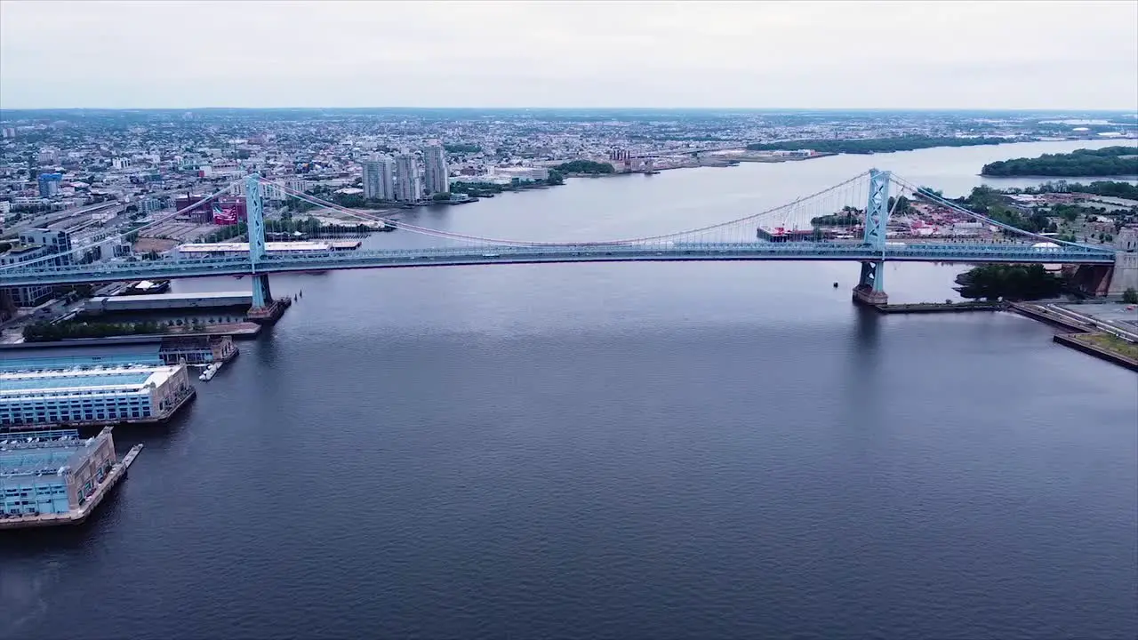 Drone shot over the Delaware River of the Ben Franklin Bridge