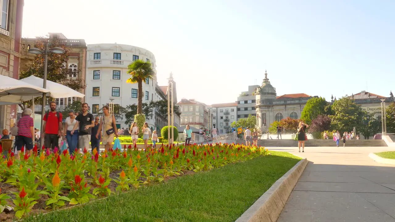 Scene Of People At The Republic Square In Historic City Of Braga Portugal