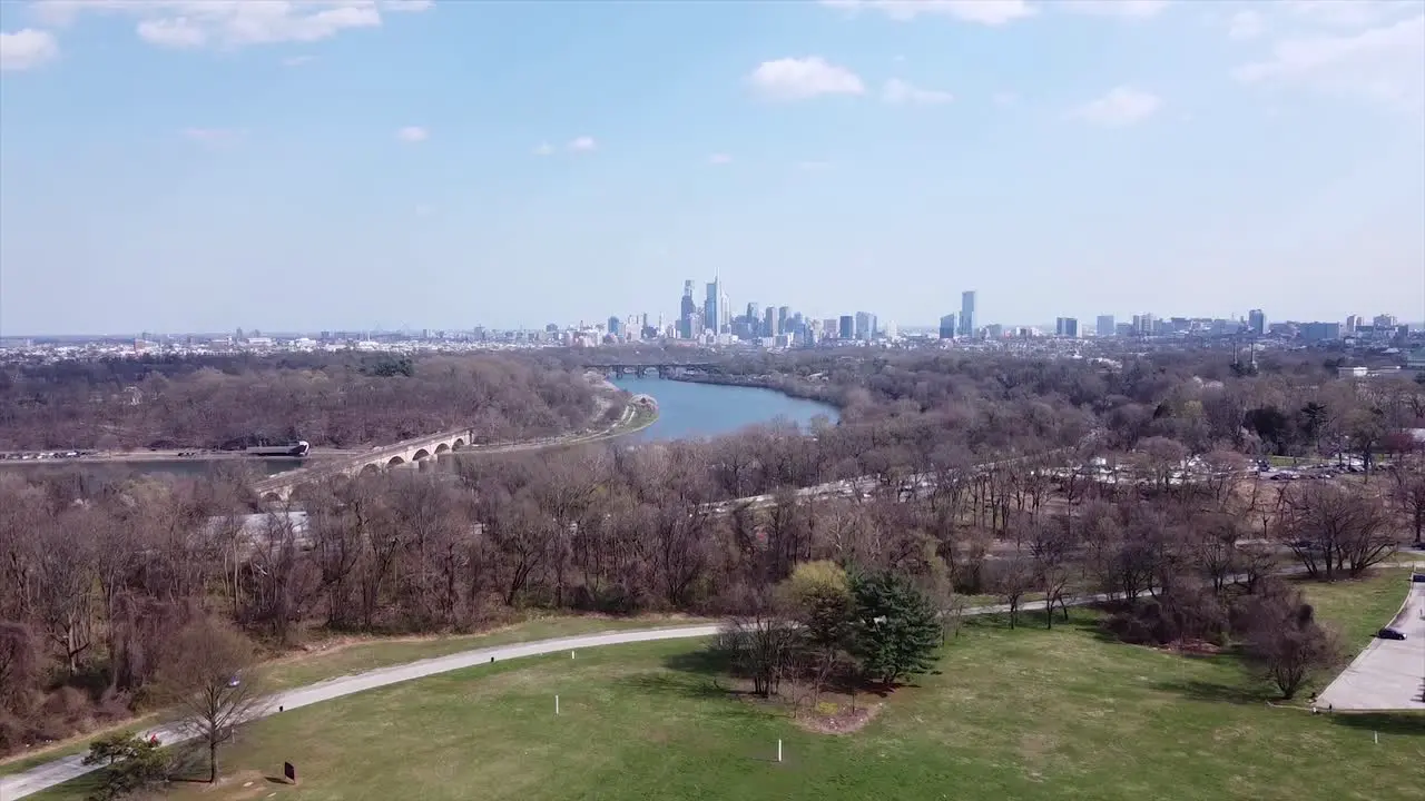 Drone shot over Belmont Plateau of the Philadelphia skyline