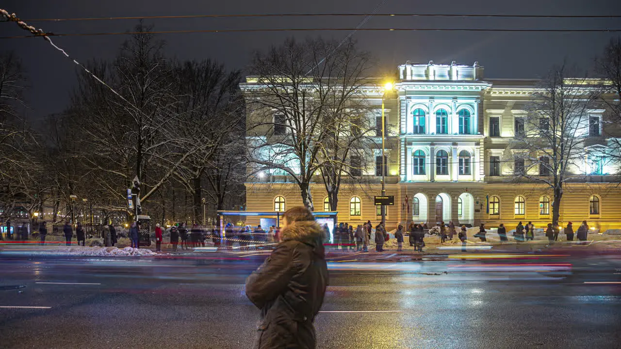 Night shots of a busy boulevard in the city of Riga Latvia