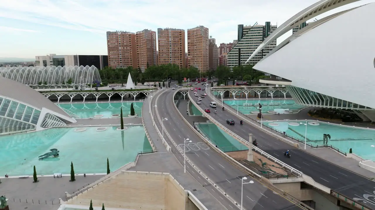 Roads With Driving Vehicles In The City Of Arts And Sciences In Valencia Spain aerial drone shot