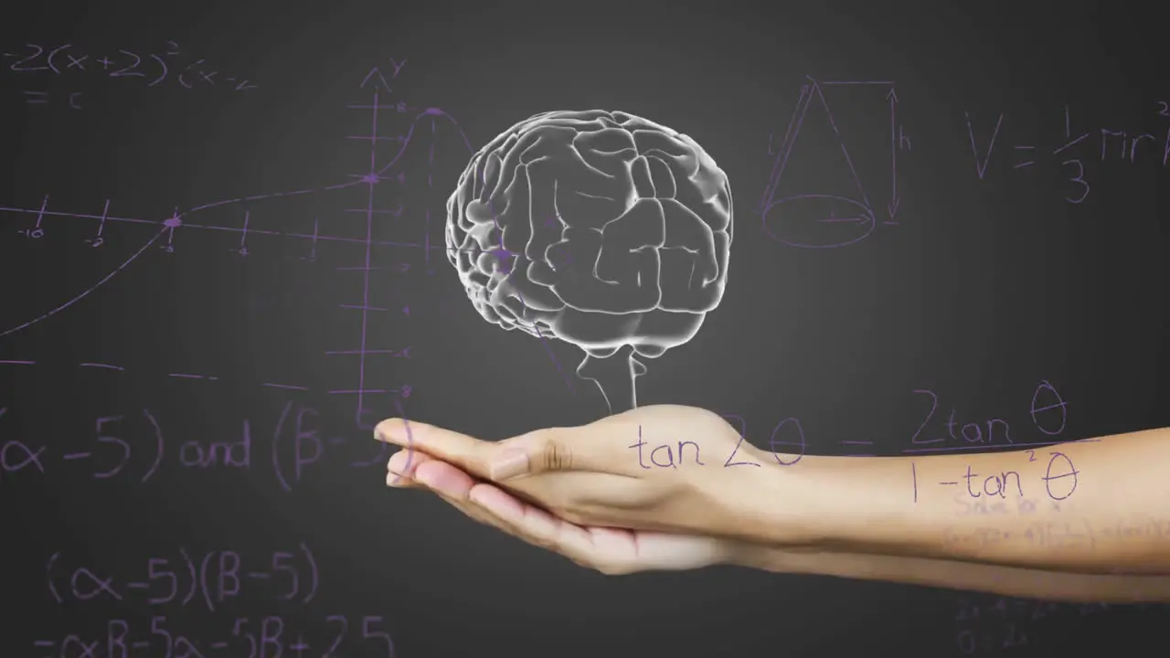 Animation of brain and hand over mathematical equations