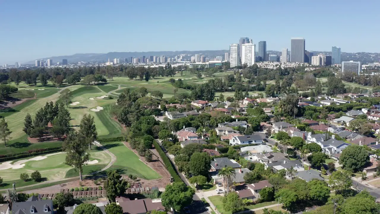 Drone Shot of Century City Los Angeles CA USA Homes Business Buildings Golf Country Club Fields on Sunny Day