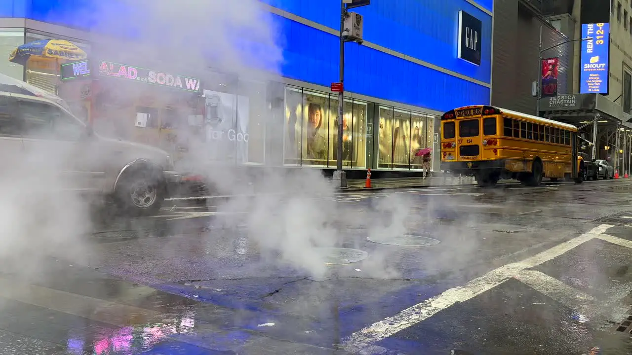 Steam Coming Out Of Manhole Cover In The Street On Rainy Day With People Walking Past Holding Umbrellas