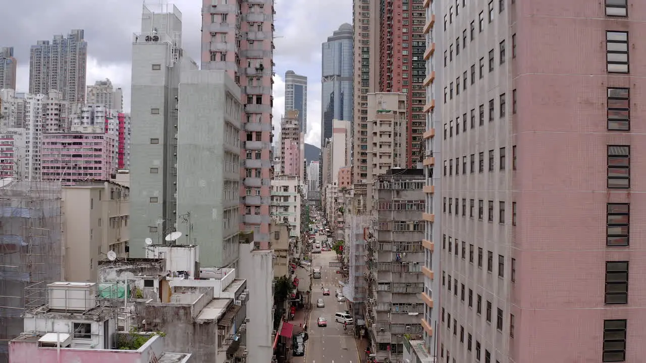 Hong Kong skyline daytime panoramic view old residential buildings skyscrapers landmarks housing problems Asia overpopulated city tiny homes aerial shot between buildings crowded metropolis