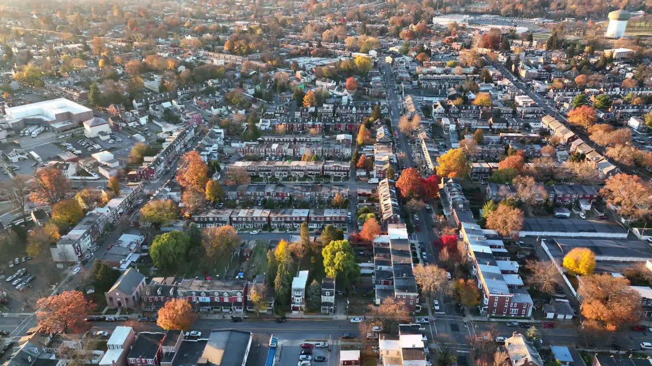 High aerial truck shot of American city during golden hour light