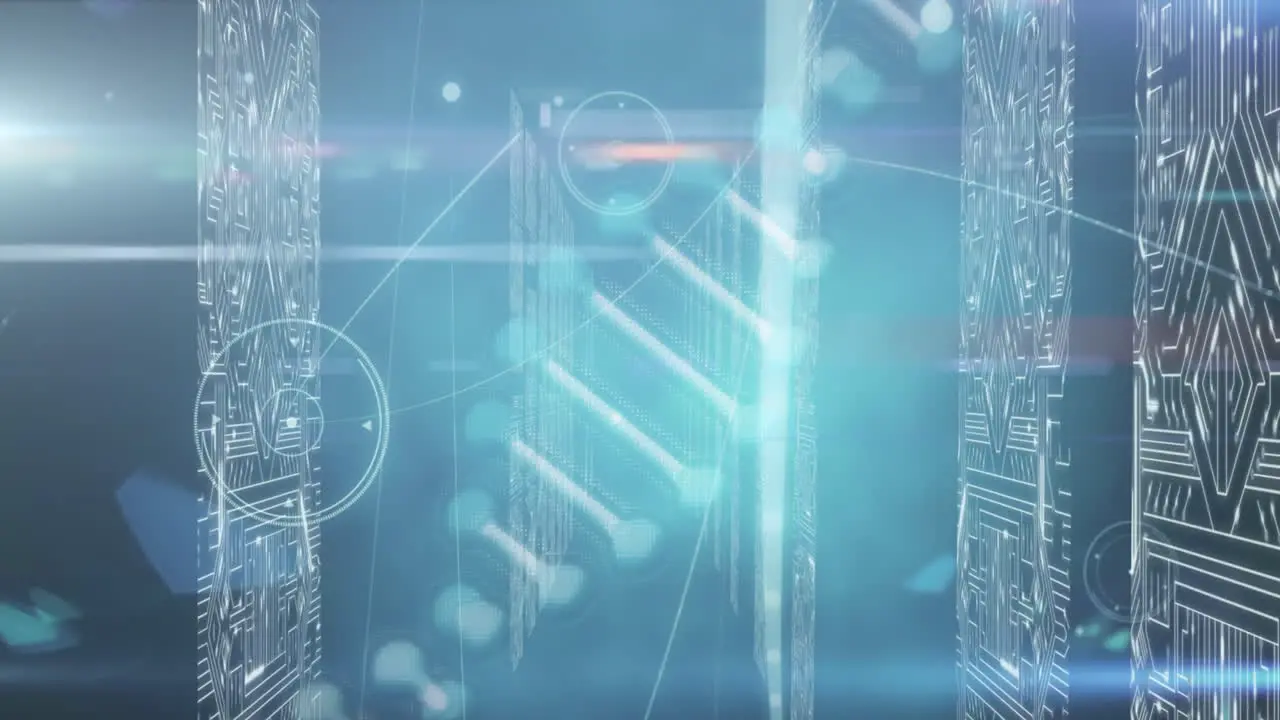 Animation of dna structure spinning over screens of microprocessor connections on blue background