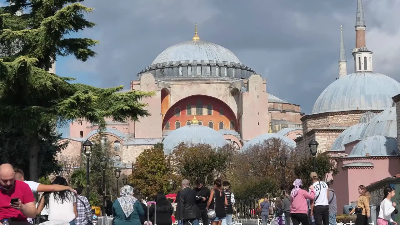 Wide Shot Time Laspe of People Walking Outside of Hagia Sophia