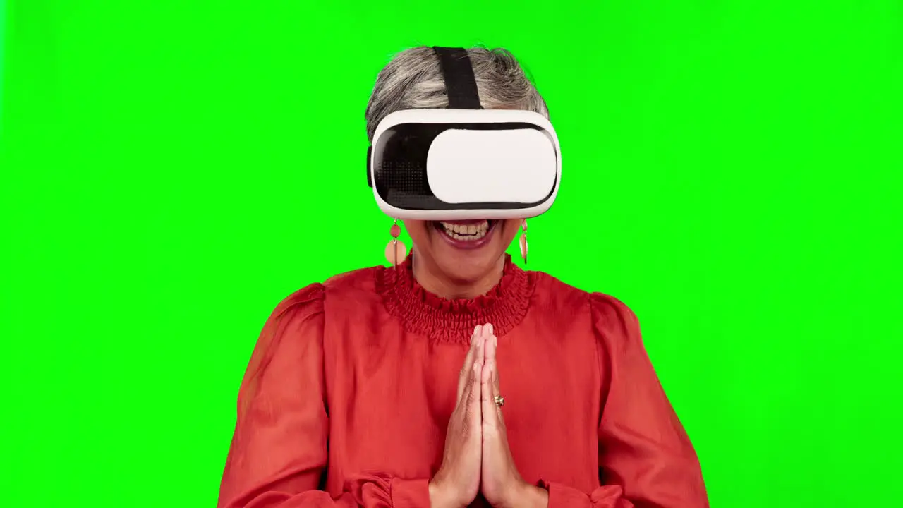 VR glasses and woman praying on green screen