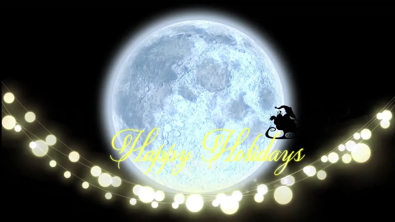 Animation of happy holidays text with santa claus in sleigh being pulled by reindeers