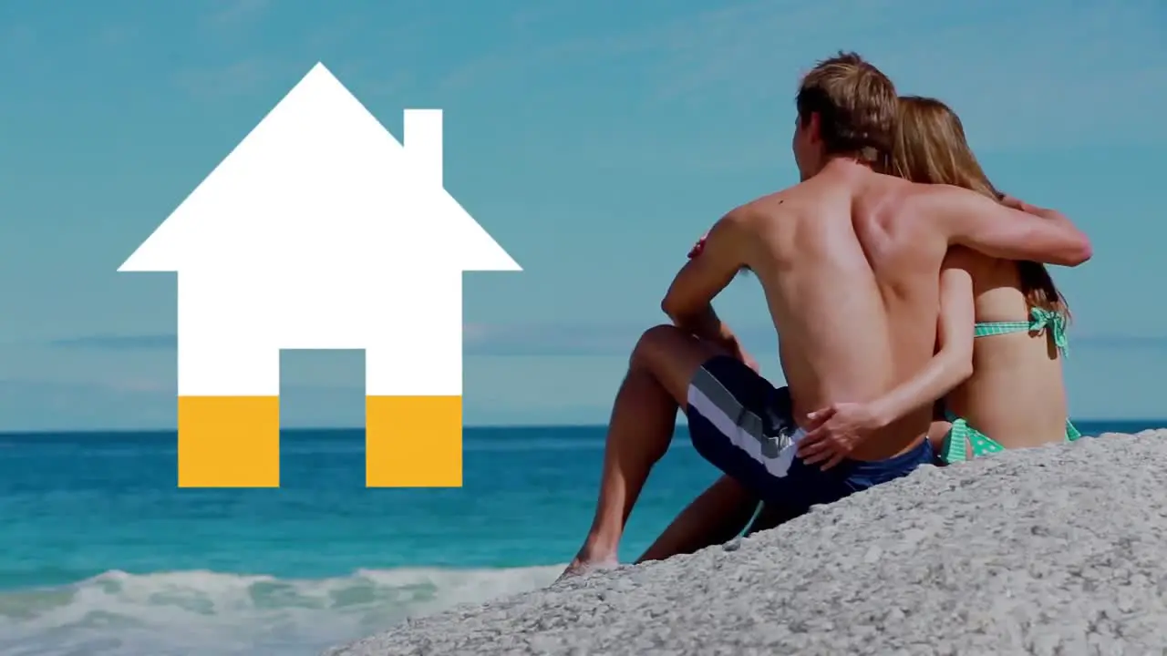 Couple on sunny beach with house icon filling yellow