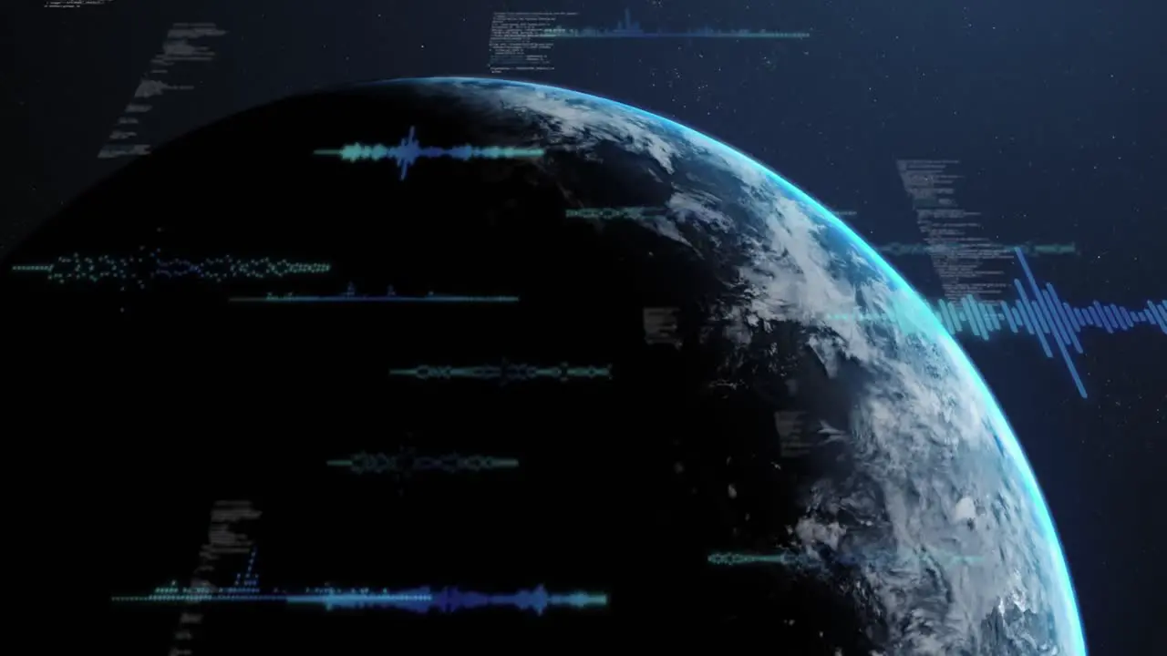 Animation of computer language and soundwaves over globe against abstract background