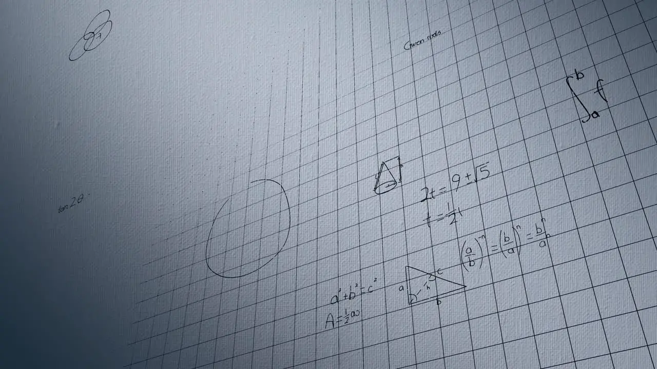 Animation of mathematical equation and drawing on grid pattern against abstract background