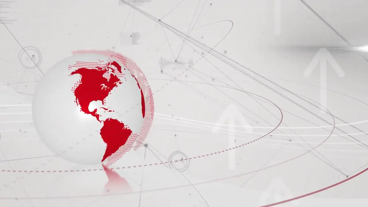 Animation of globe on circles over connected dots and up arrows against abstract background