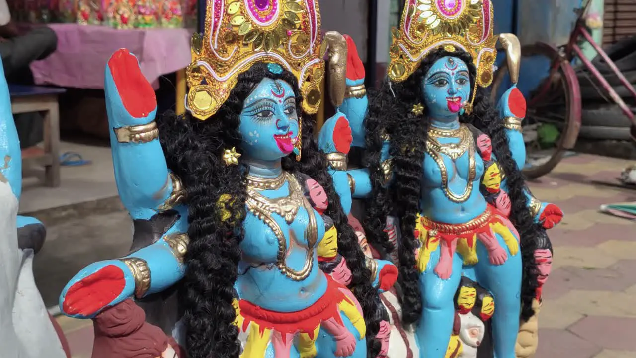 Completed Indian Goddess Maa Kali idols being sold in Indian market