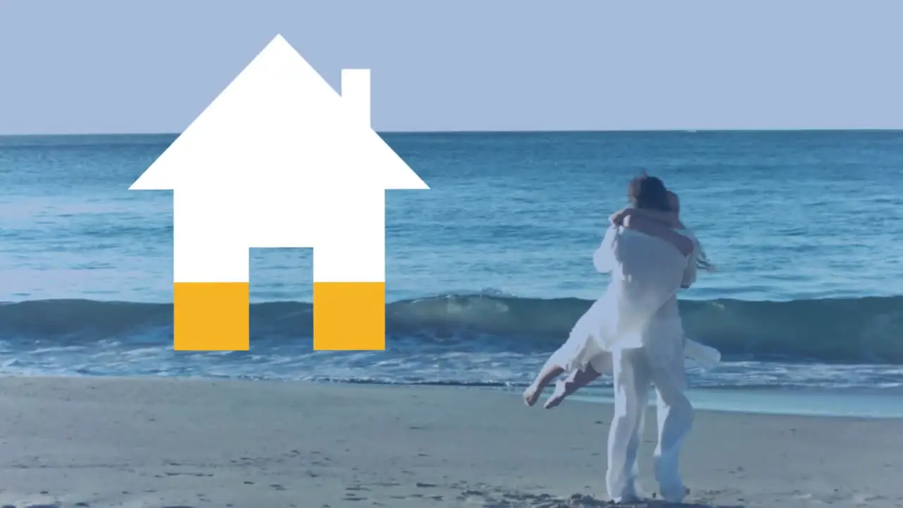 Couple embracing by the sea and house icon filling yellow