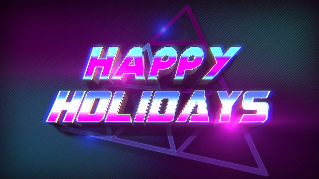 Happy Holidays with neon retro triangles and grid in 80s style