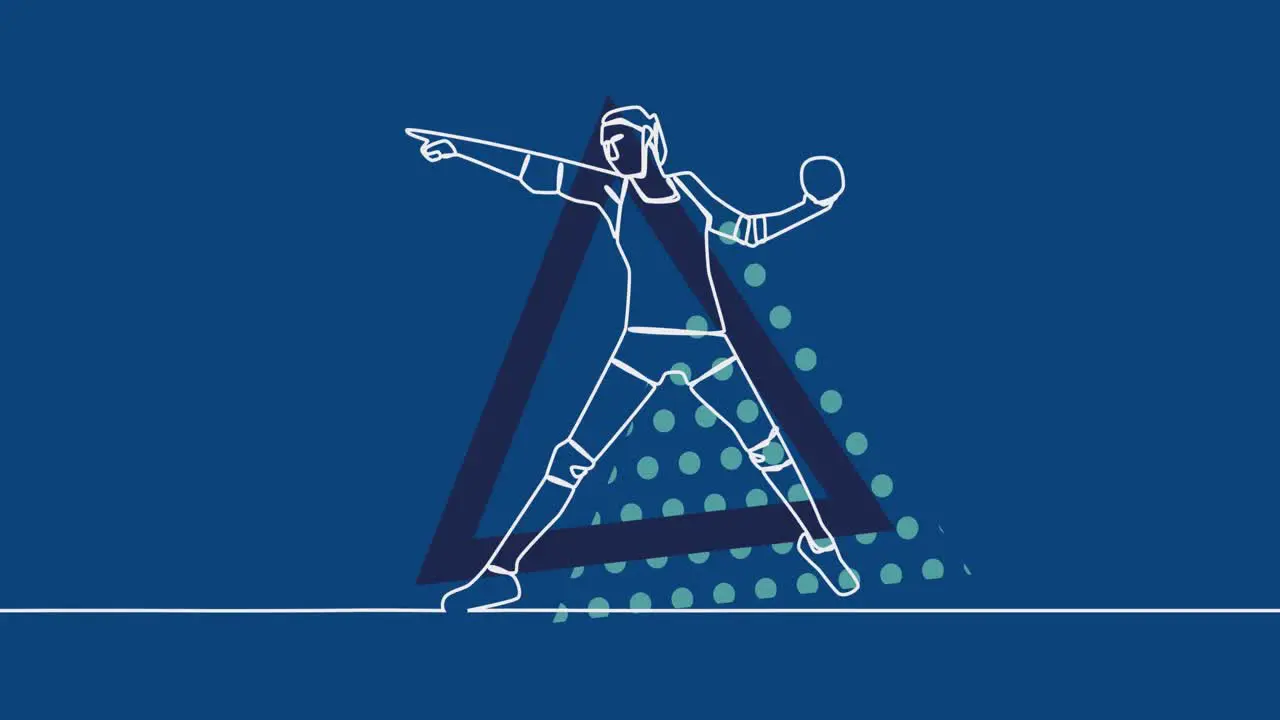 Animation of drawing of female handball player throwing ball and triangles on blue background