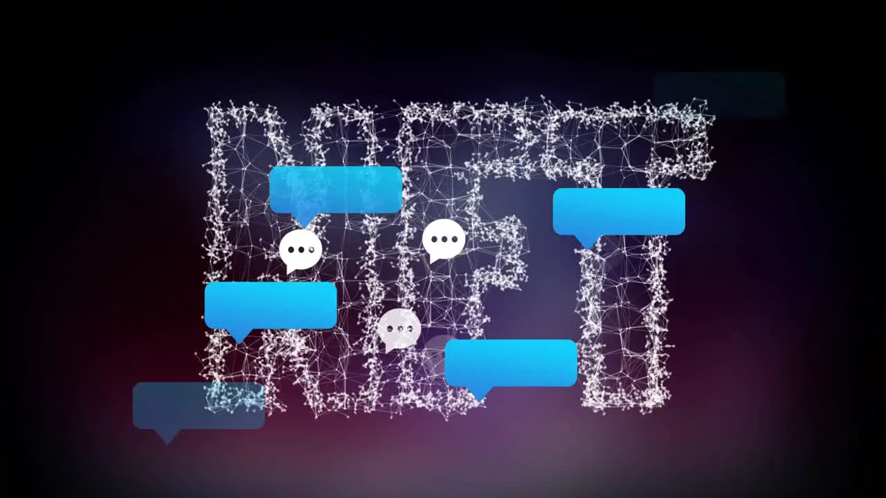 Animation of message boxes and notification boxes over dots forming nft text on abstract background