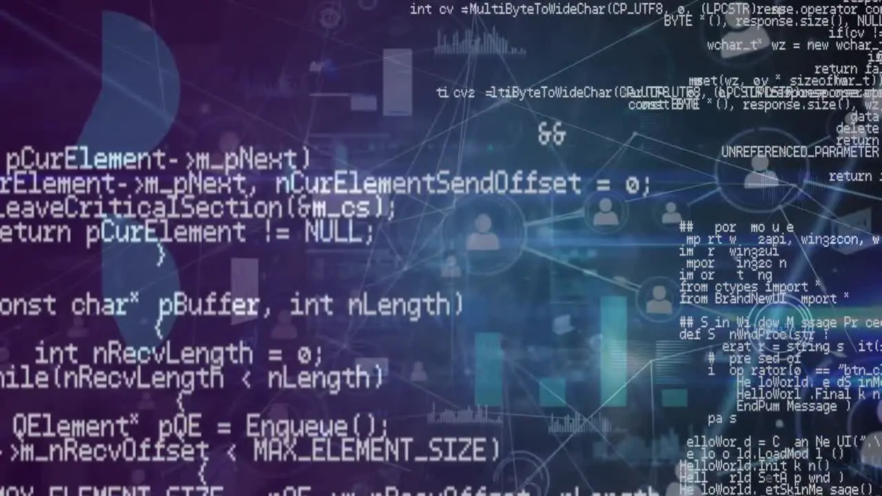 Animation of computer language over graphs and connected dots against abstract background