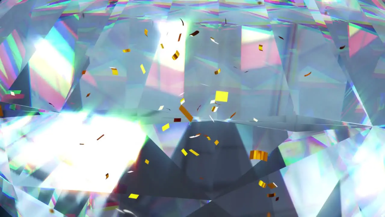 Animation of confetti falling over glowing crystals